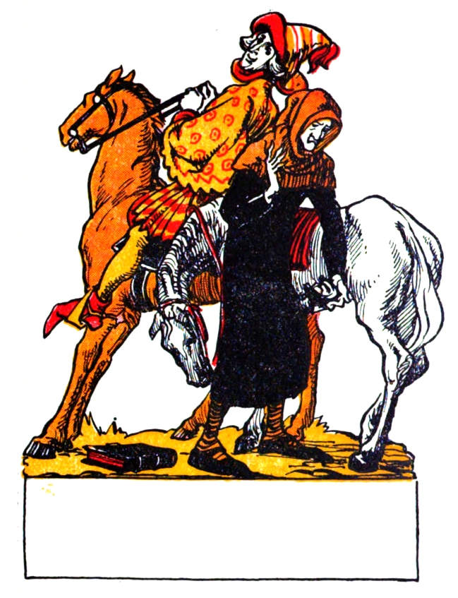 A man sits on his horse as another faces away standing next to his.