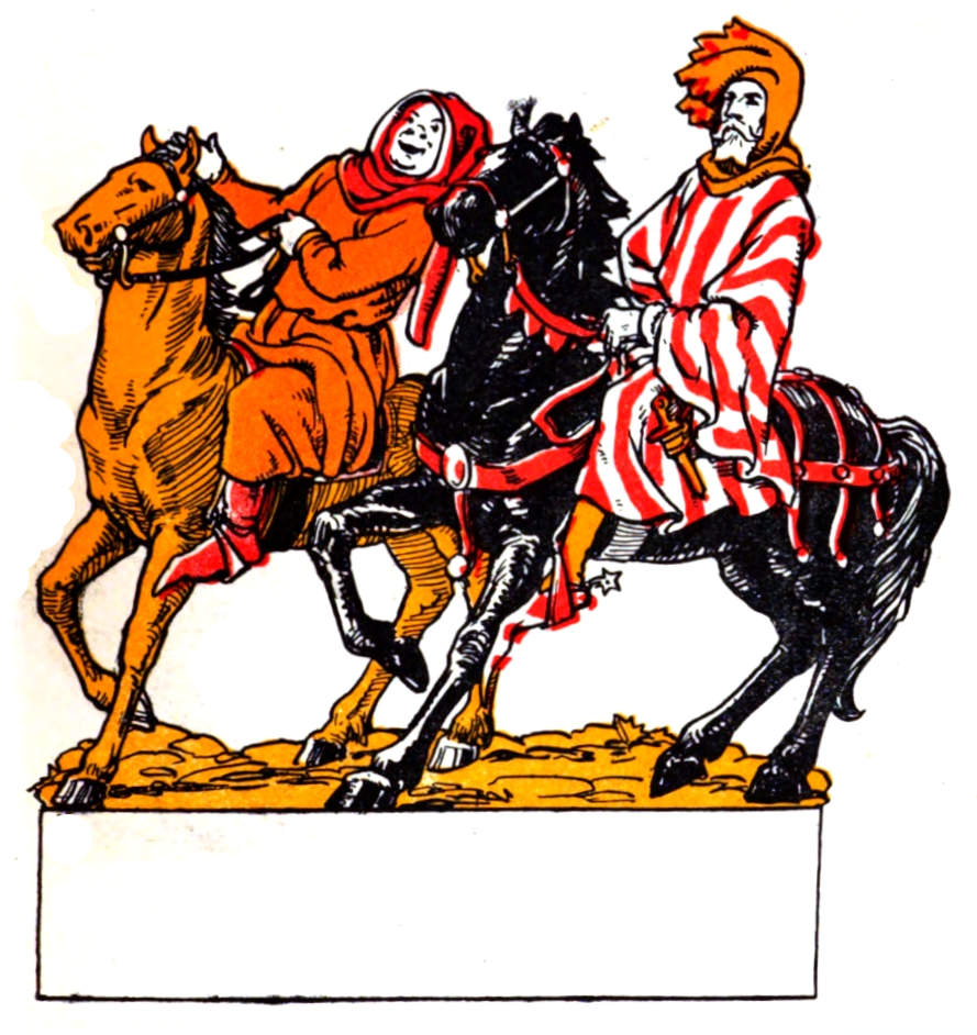 Two men ride horeses.