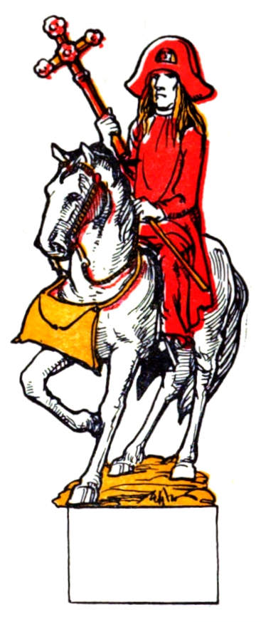 A man with a large cross rides a horse.