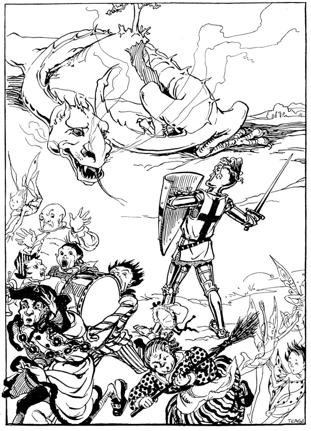 Knight faces a dragon from which various figures flee.