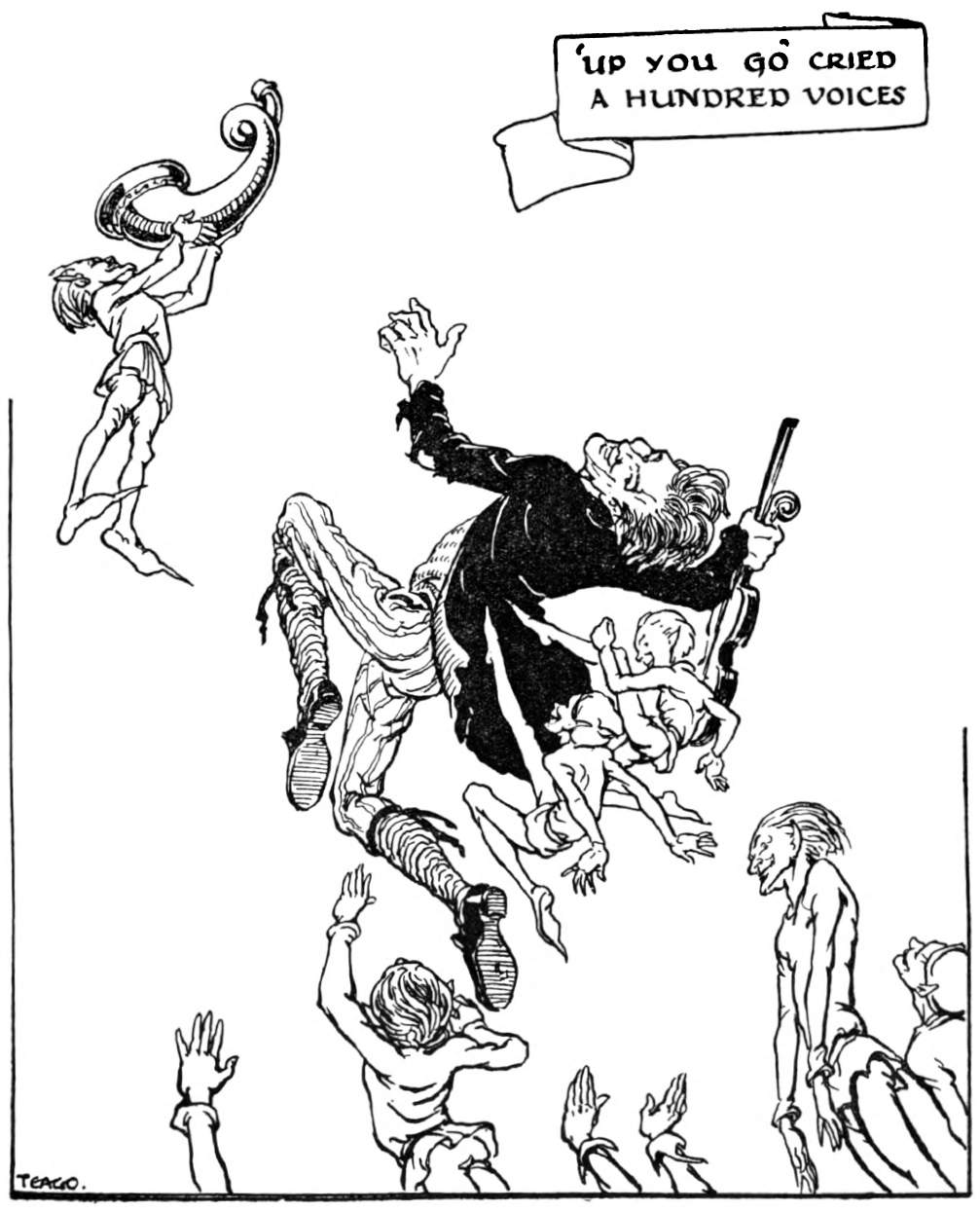 Elf raises horn as other elves raise fiddler.