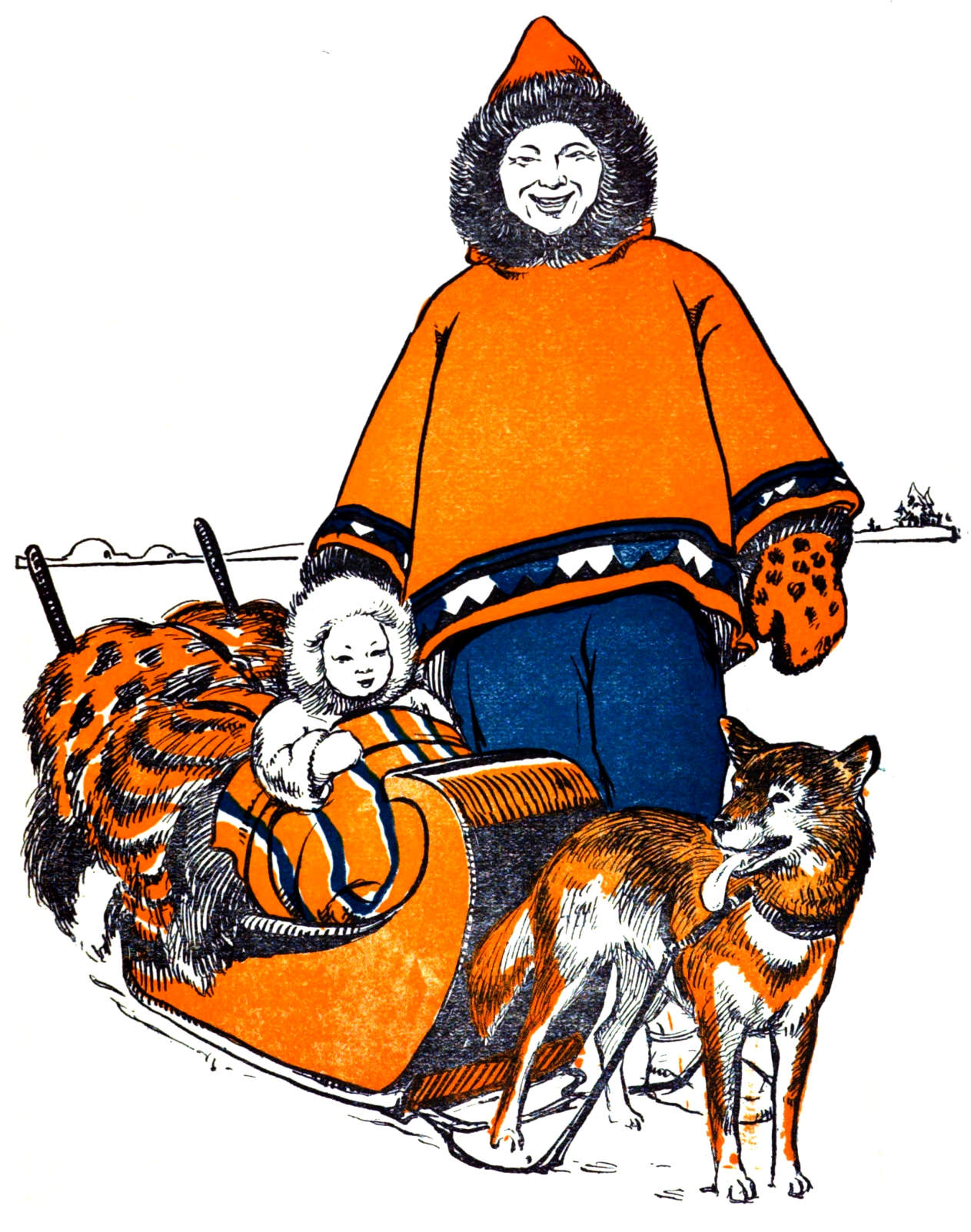 Man, child, and dog with sled.