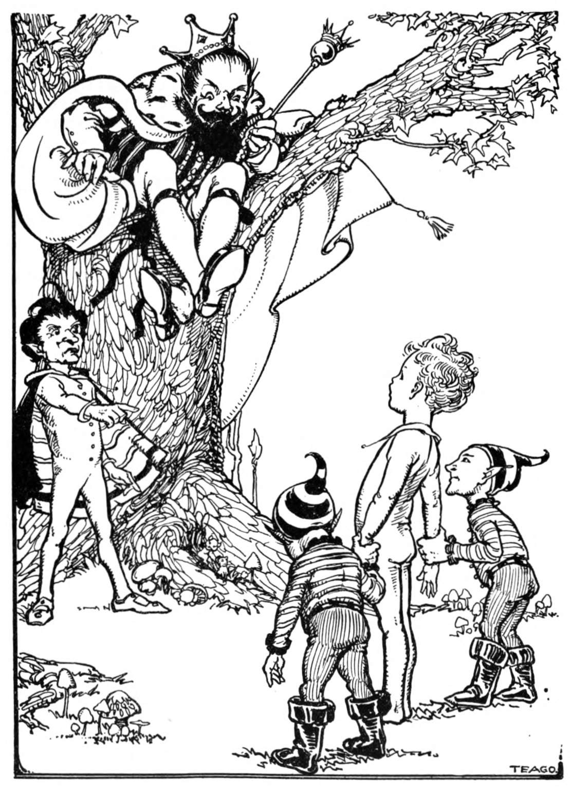 Figure points at a child held by two others, watched by a regal bearded one.
