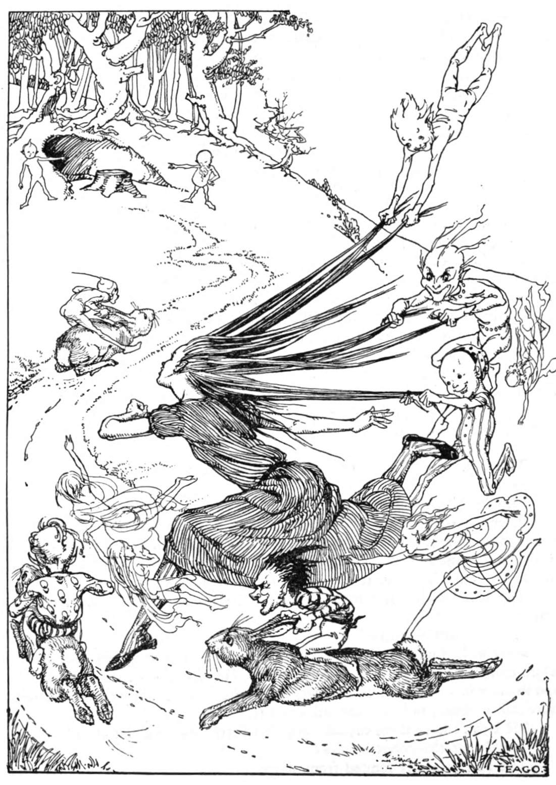 Magical creatures pull a girl's hair as she runs.