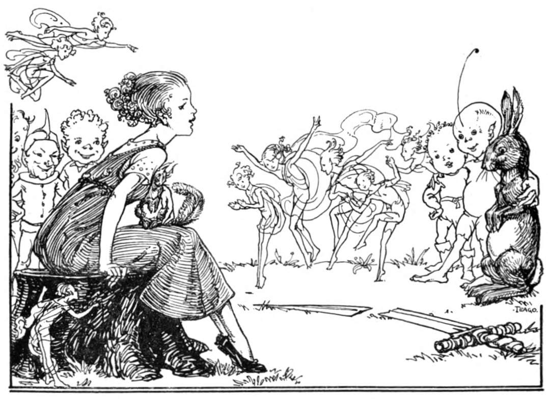 A girl seated upon a stump is surrounded by magical creatures.