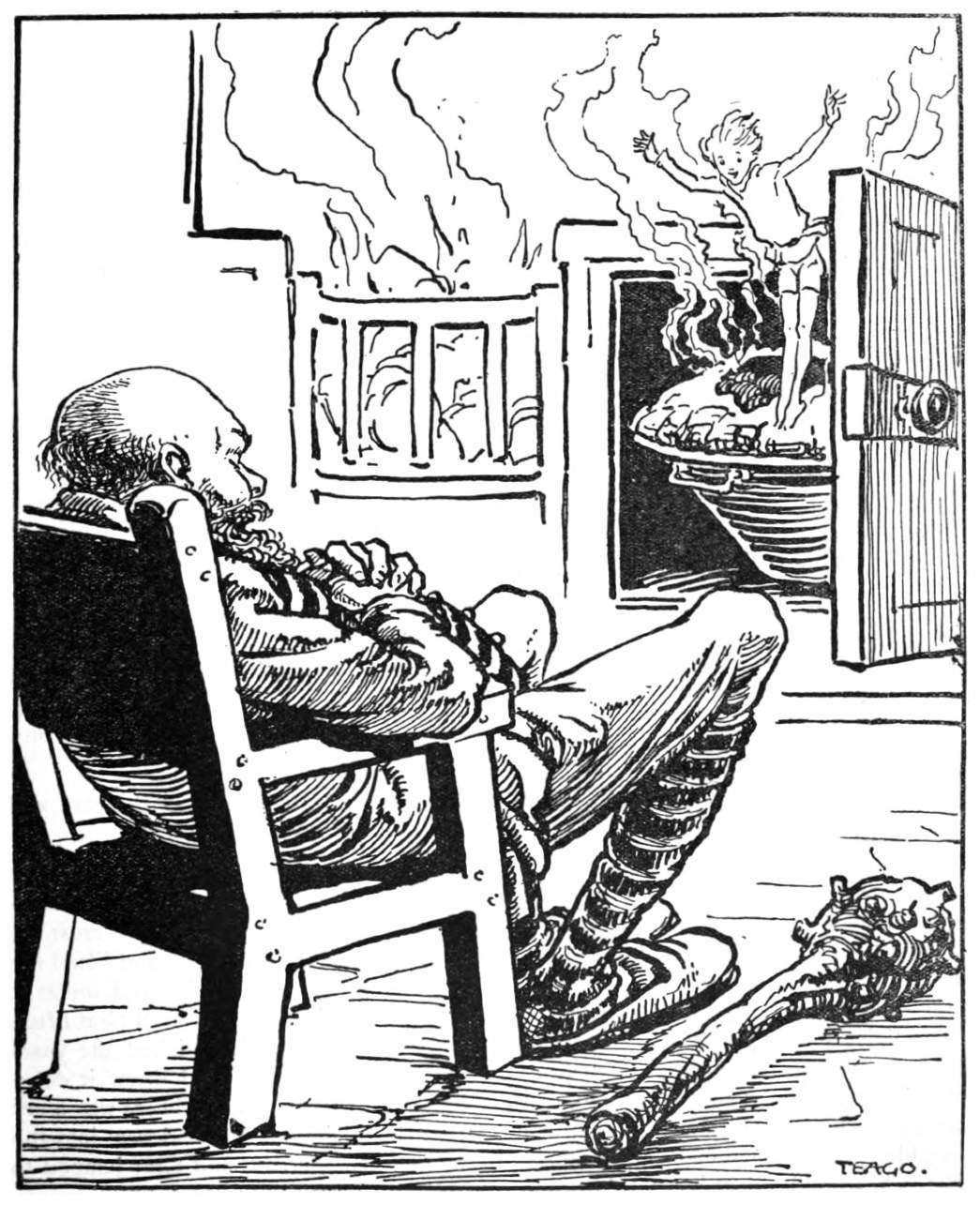 Giant sits in chair, club at his feet, watching an oven within which bakes a gooseberry pie, from which springs a child.