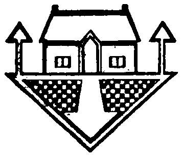 Geometrical design with a house, checkerboard, arrow, and trees.