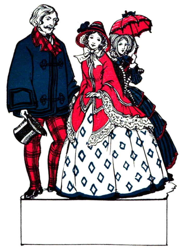 A man, woman, and young lady; with top hat, hoop skirts, bonnets and parasol.