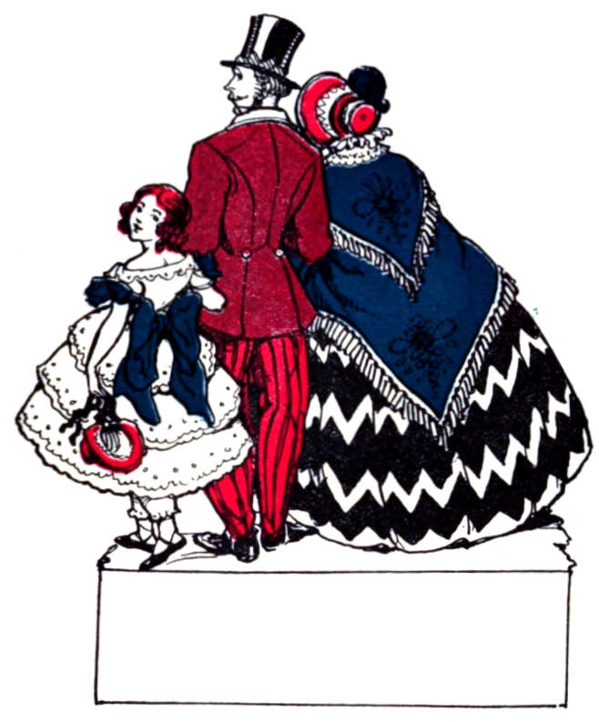 A man, woman, and girl with top hat, hoop skirts, and bonnet.