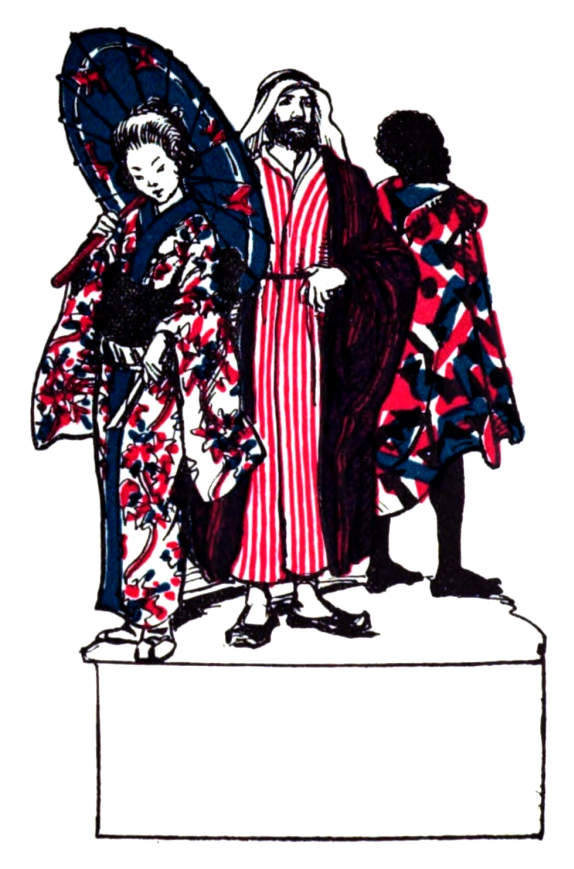 A woman with a kimono and parasol, a man with a thawb and keffiyeh, and a man with a sub-saharan cloak.