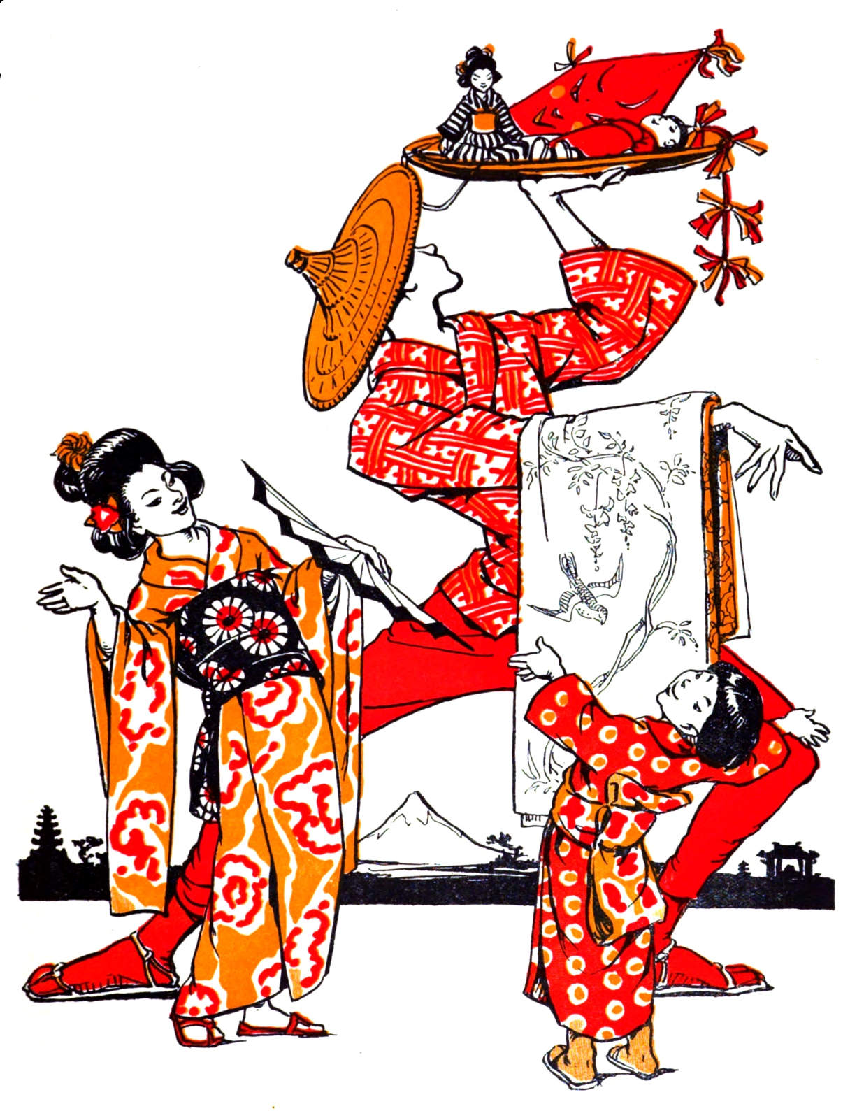 A japanese man, woman, and child.