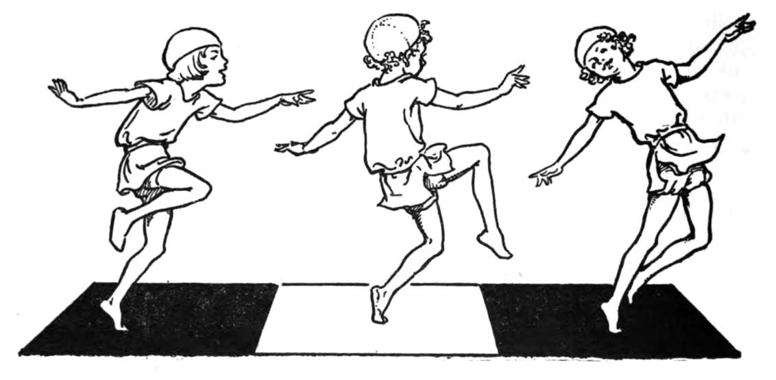 Children costumed as chess pawns dance.