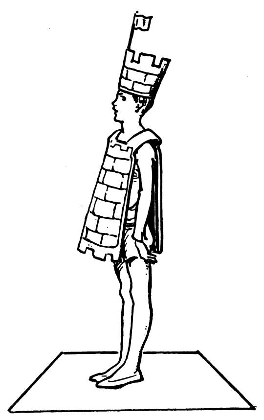 Child costumed as chess castle.