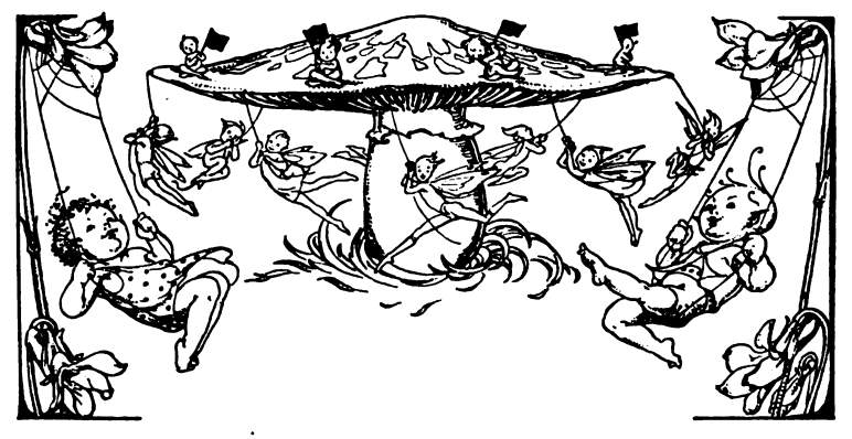 A mushroom acts as a merry-go-round for fairies as baby fairies ride cobweb swings.