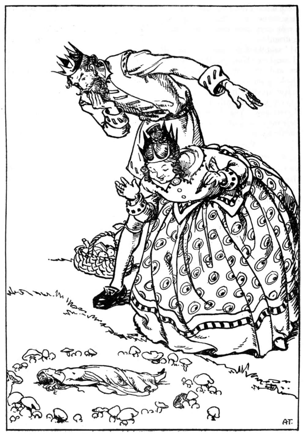 A King and queen lean over fairy lying in a fairy ring.