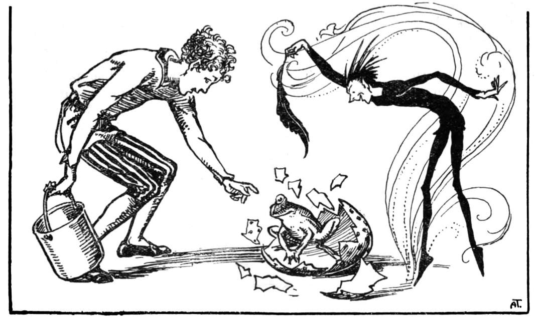 Boy points at frog in an eggshell, over which a wizard hold a feather.
