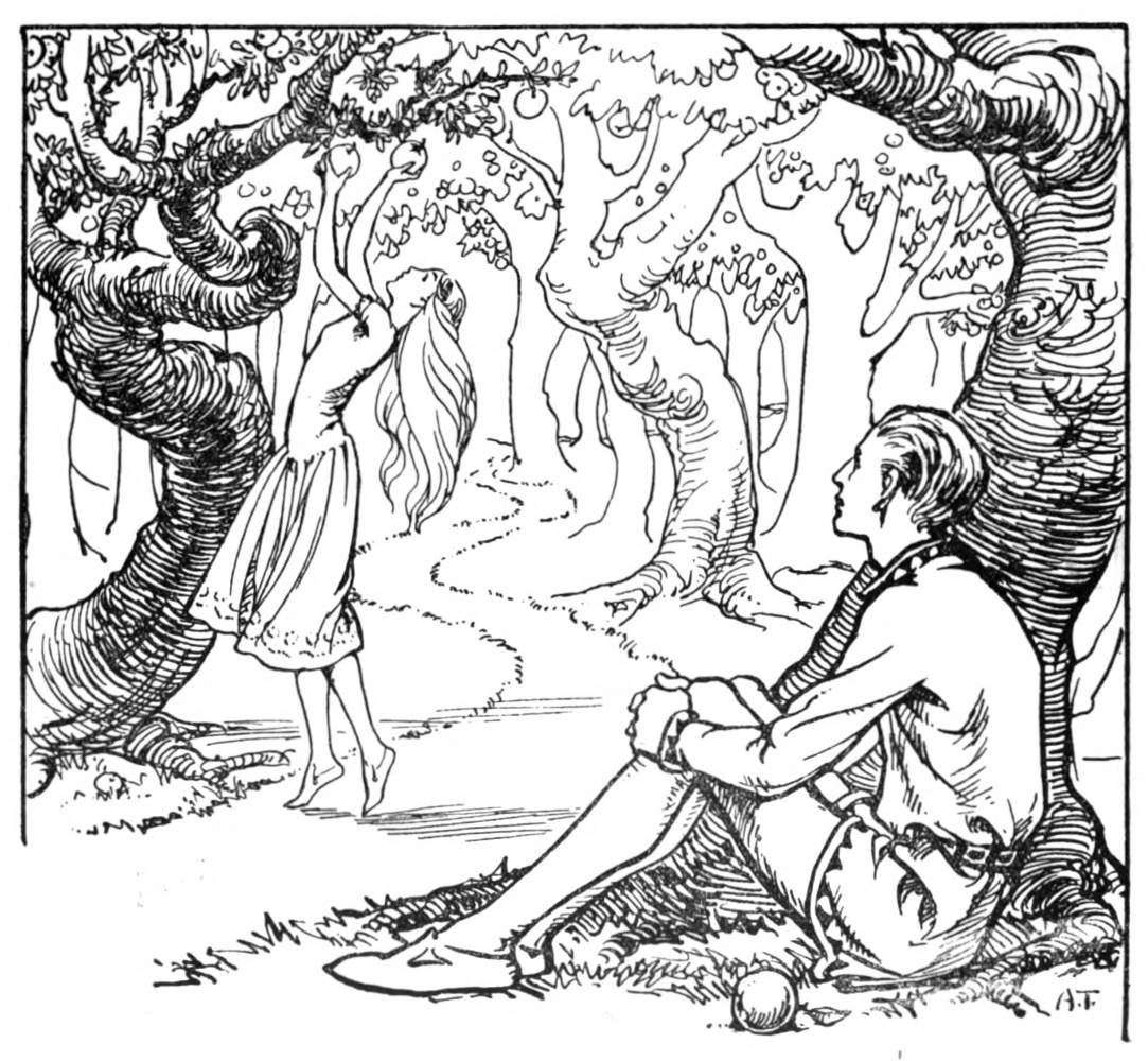 A young man sits under a tree while a young lady picks apples.