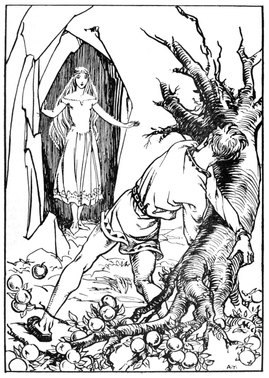 A young lady looks on as a young man holds an apple tree upside down.