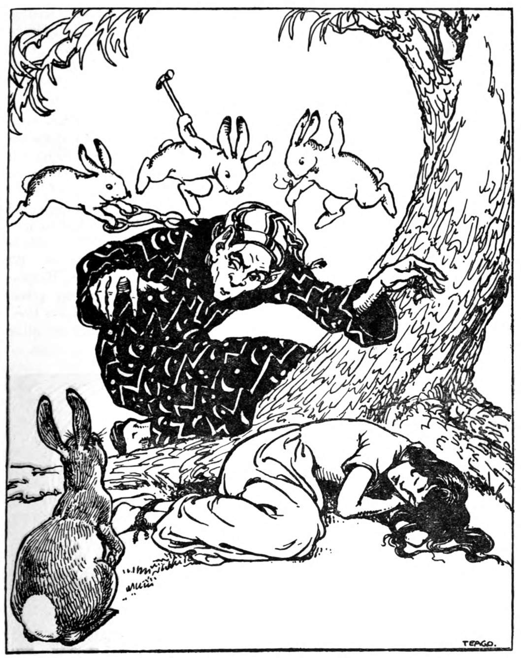 Rabbits leap toward a man who leans over a girl.