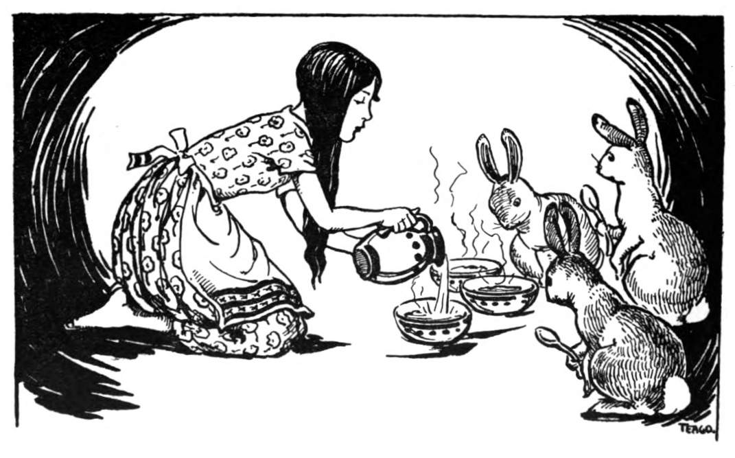Girl serves porridge to rabbits.
