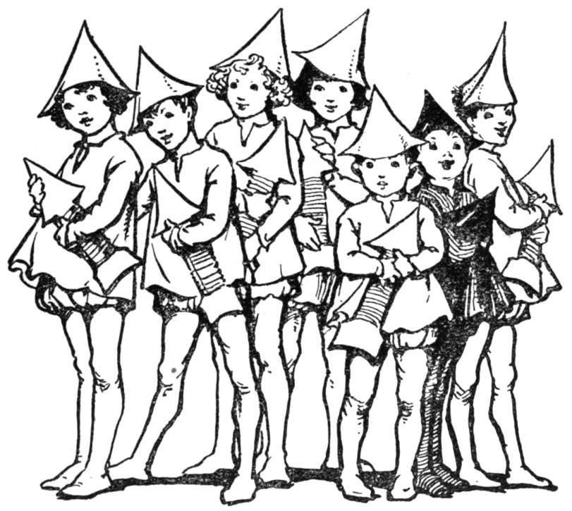 Seven children wearing paper hats holding large bobbins.