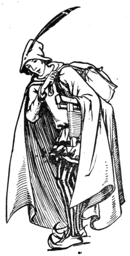 A man wearing a cloak with a feather in his cap.