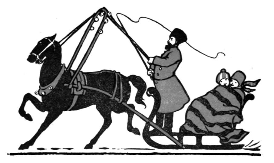 A horse pulls a sliegh as a man and children ride.