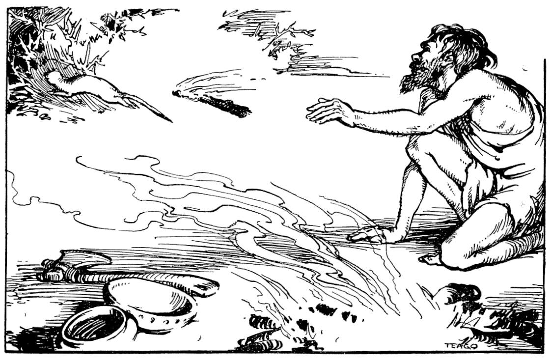 A bearded man next to a campfire throws a torch.