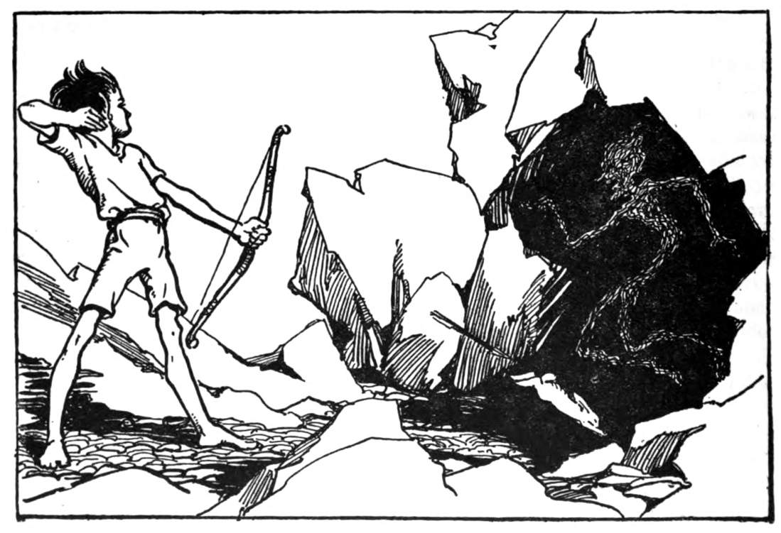 Boy shoots arrows toward rocks and smokey figure.