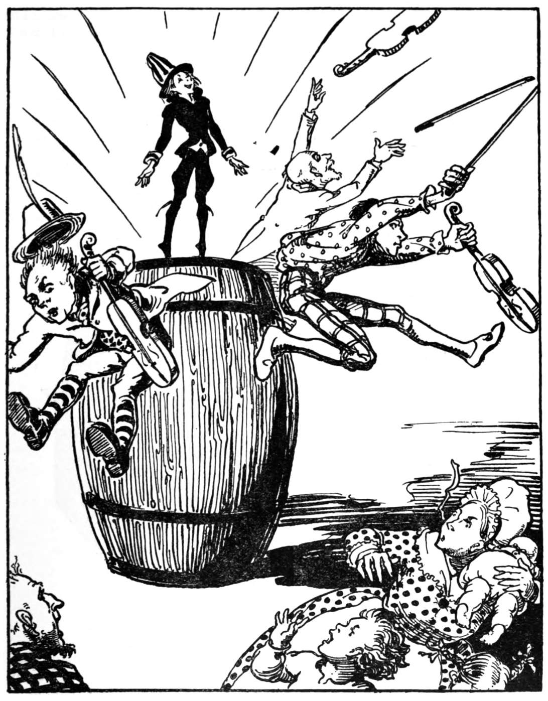 Small figure stands on barrel as fiddlers leap away.