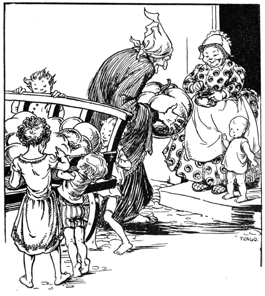 Woman carries pumpkin as another woman opens purse and children look at cart.