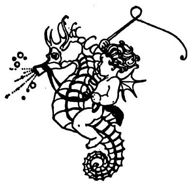 Cherub with whip rides seahorse.