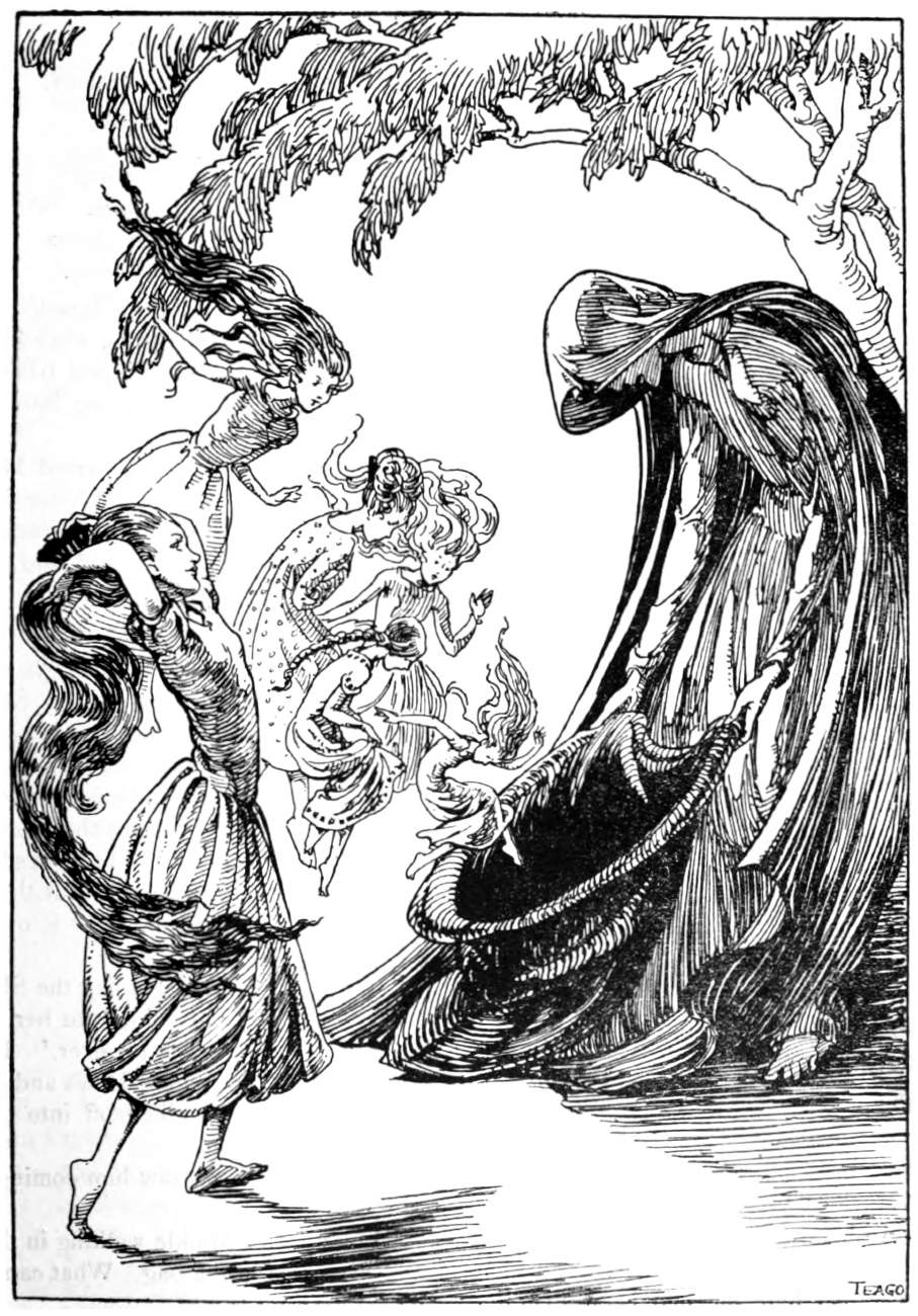 Hooded woman holds an open sack before girls.