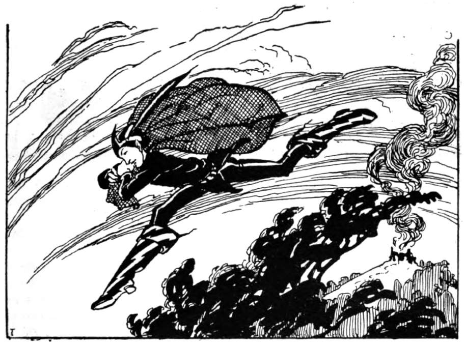 Figure wearing boots and carrying a sack leaps over trees.
