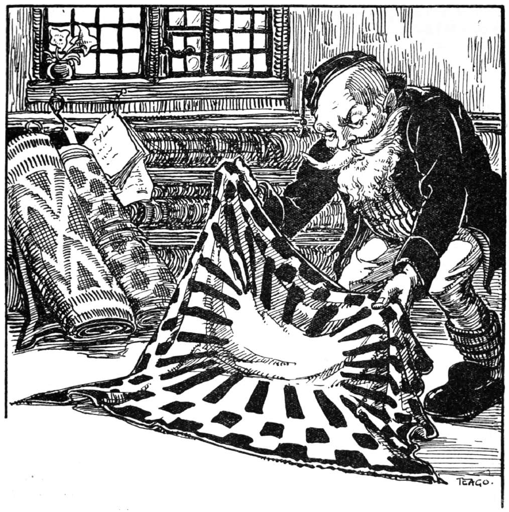 Bearded gnome lifts a rug.