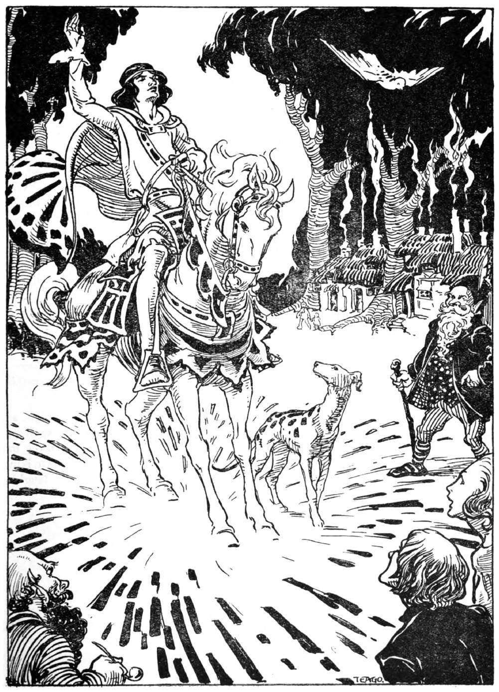 Caped horseman with a dog below halts in a village.
