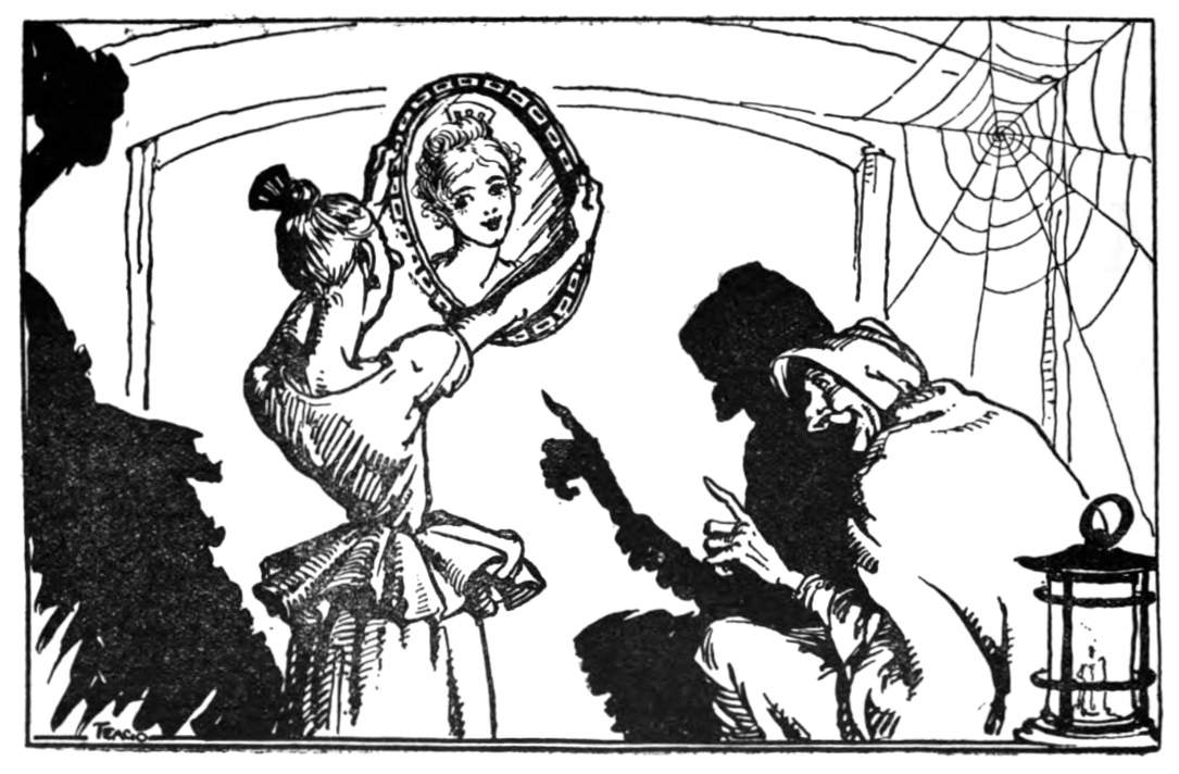 A young lady gazes into a mirror while a witch and her shadow point.