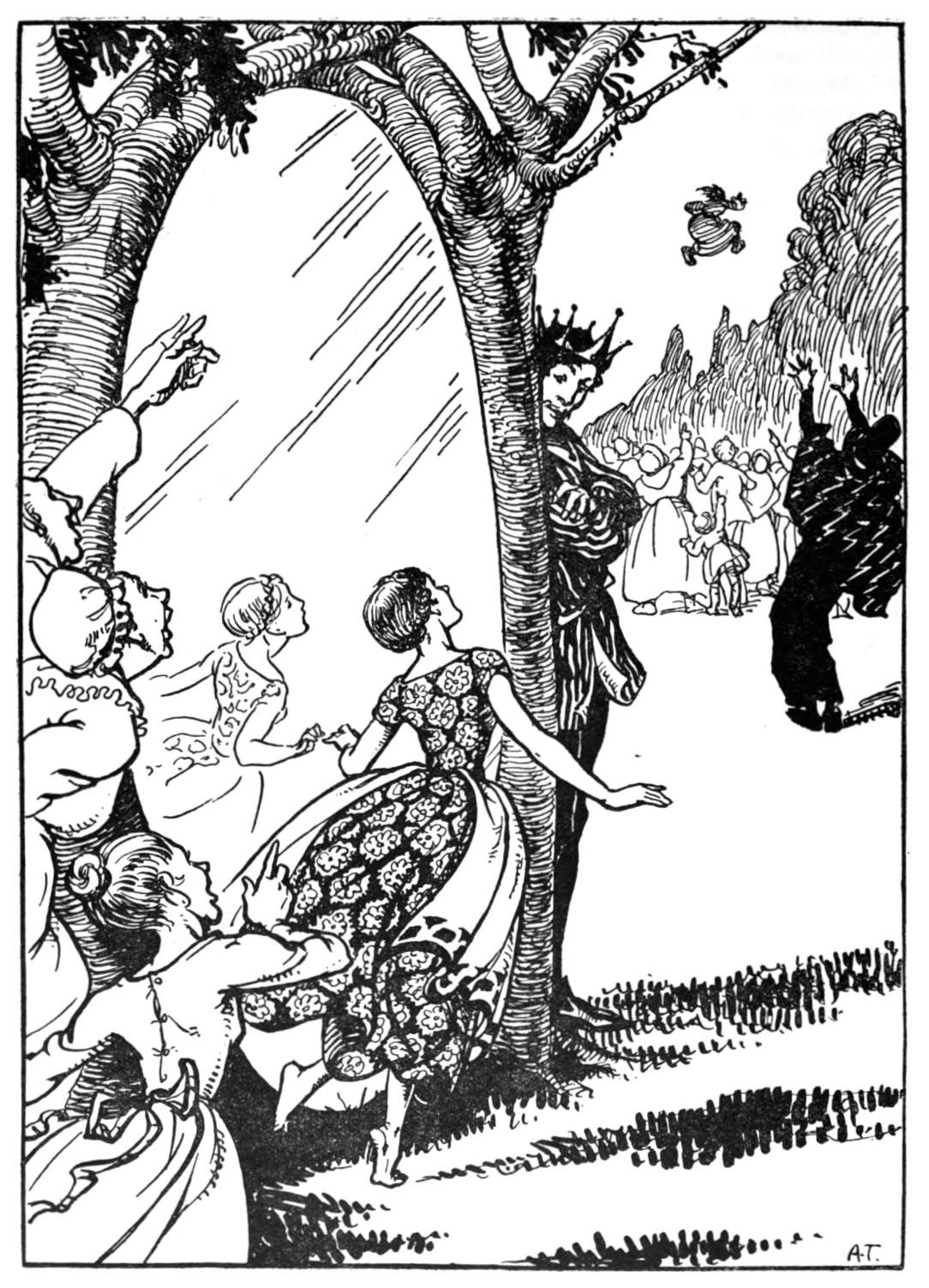 A prince leans on a mirror framed by trees.