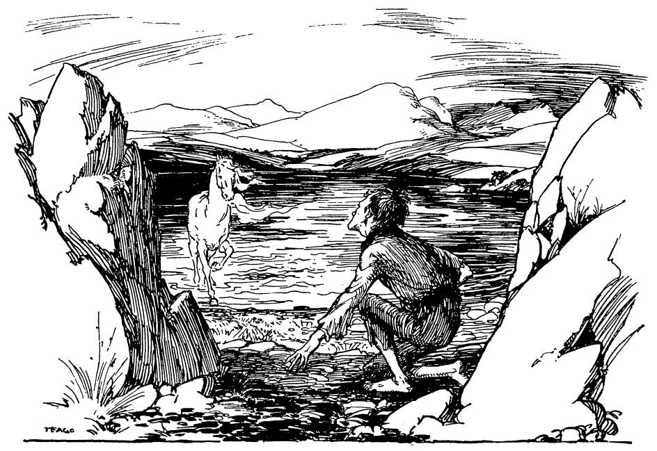 A crouching man among rocks watches a horse as it approaches over the lake before hills.