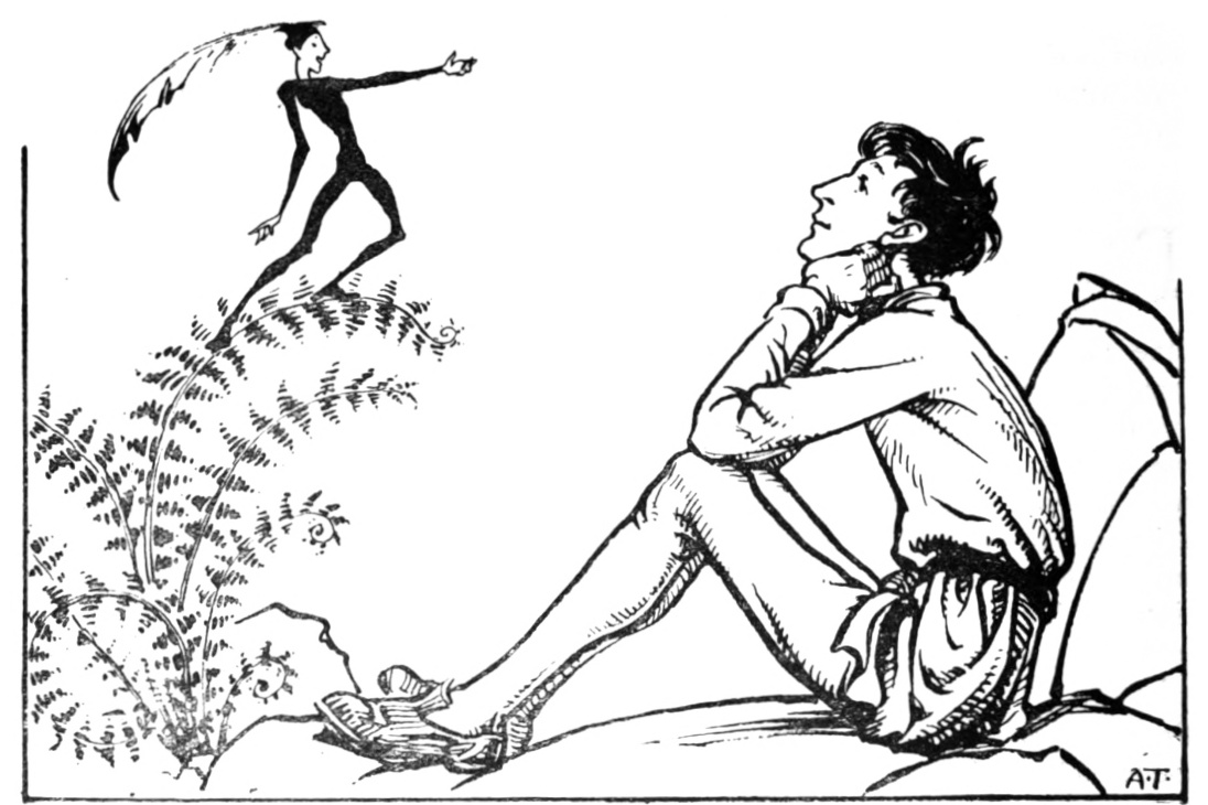 Fairy upon a fern addresses a seated young man.