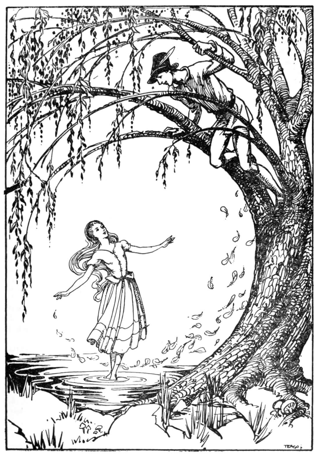 Young man on a branch looks upon a young lady standing upon a lake.