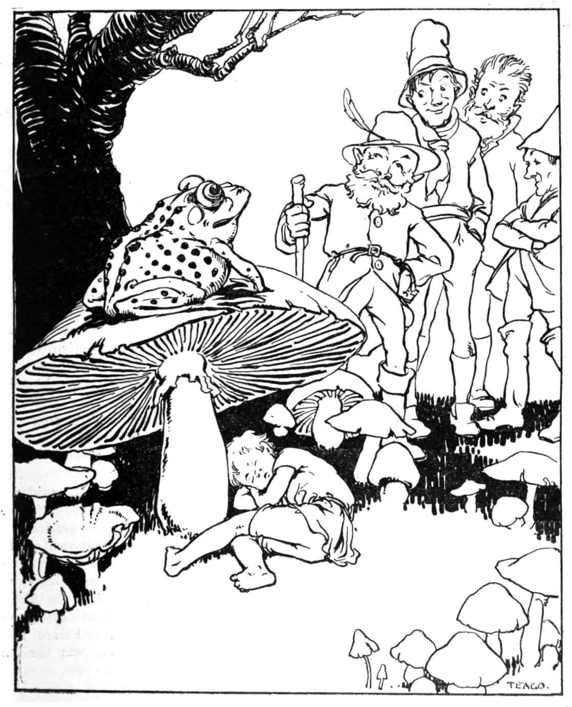 A mushroom,a frog atop it, a child beneath it, gnomes beside it.