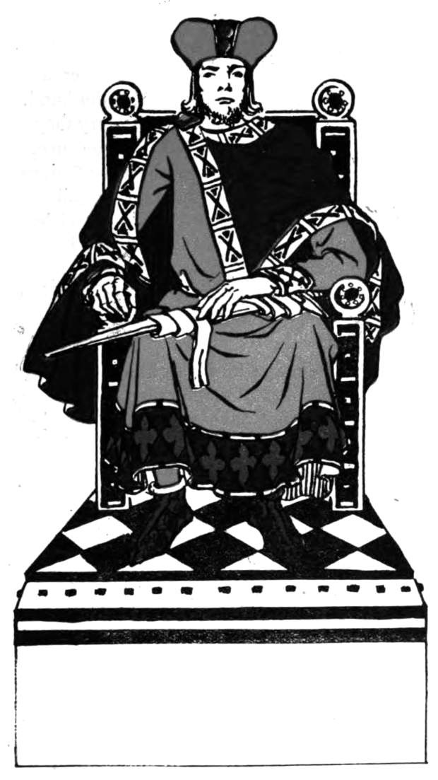 A king sits upon his throne with his sword.