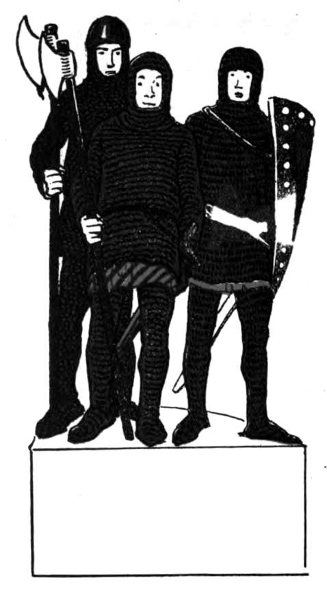Three armored soldiers with axes, swords and shield.