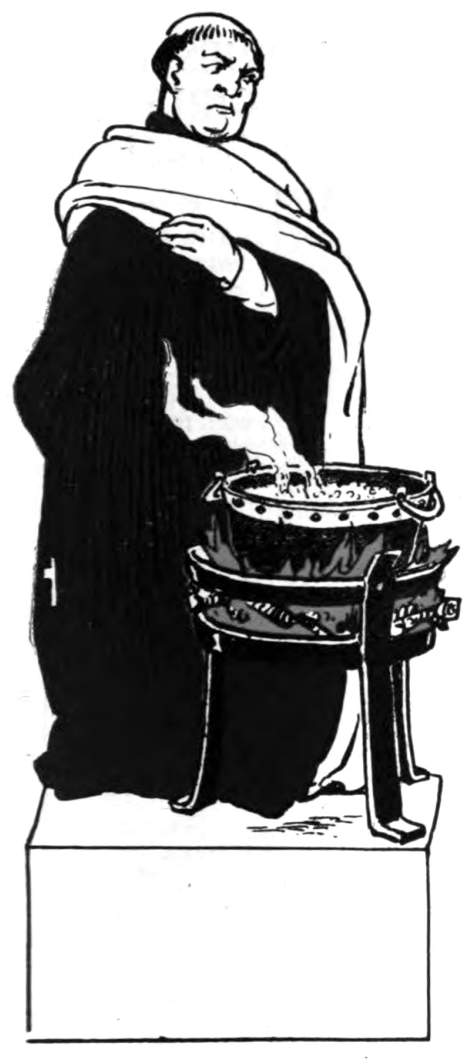 A monk stand by a hot cauldron.