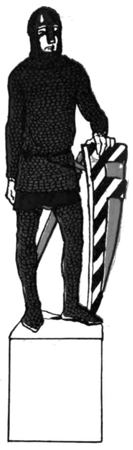 An armored solder stands with sword and shield.