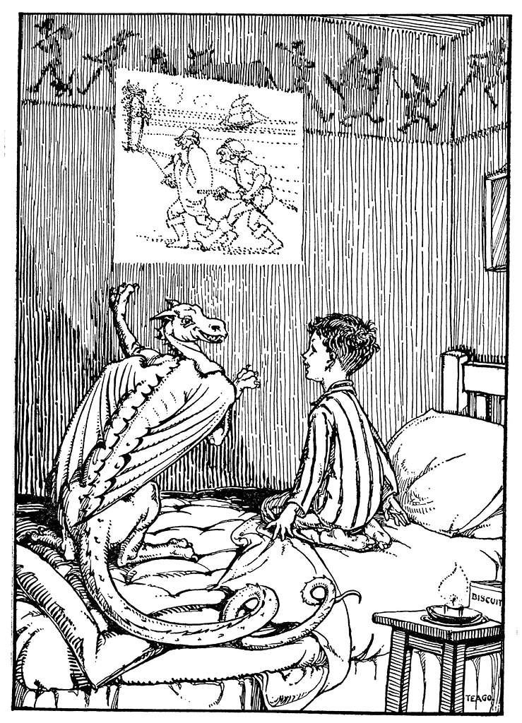 A drake tells a story of pirates to a boy in pajamas getting ready for bed.