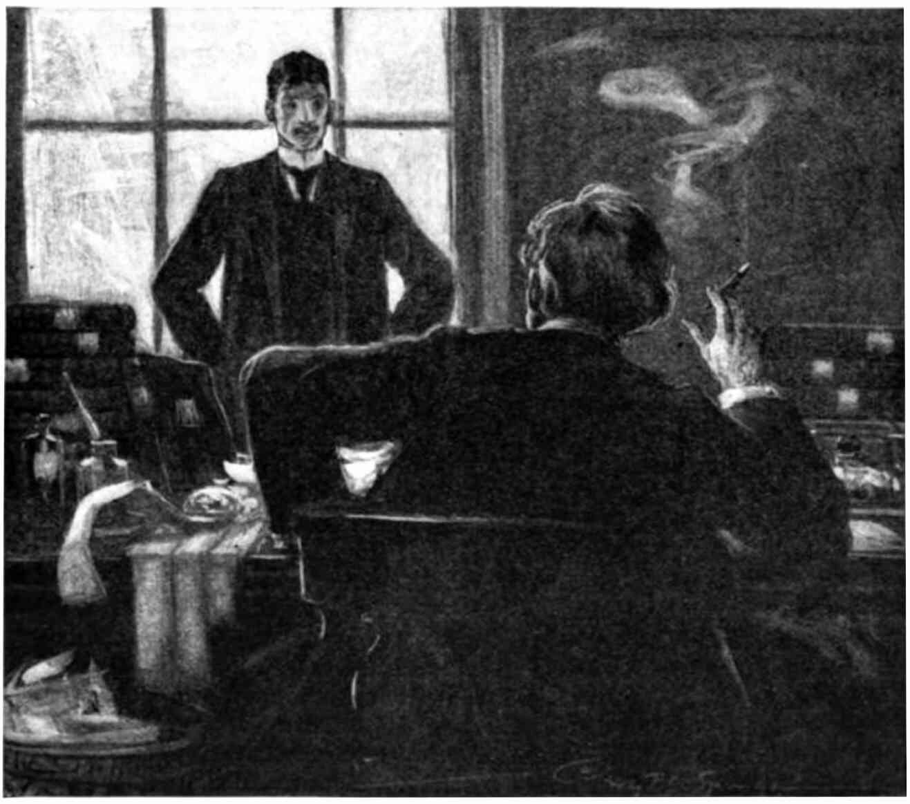 Standing man (Jim Shorthouse) seen from the front faces a seated man (the editor) who holds a cigar and is seen from the rear.
