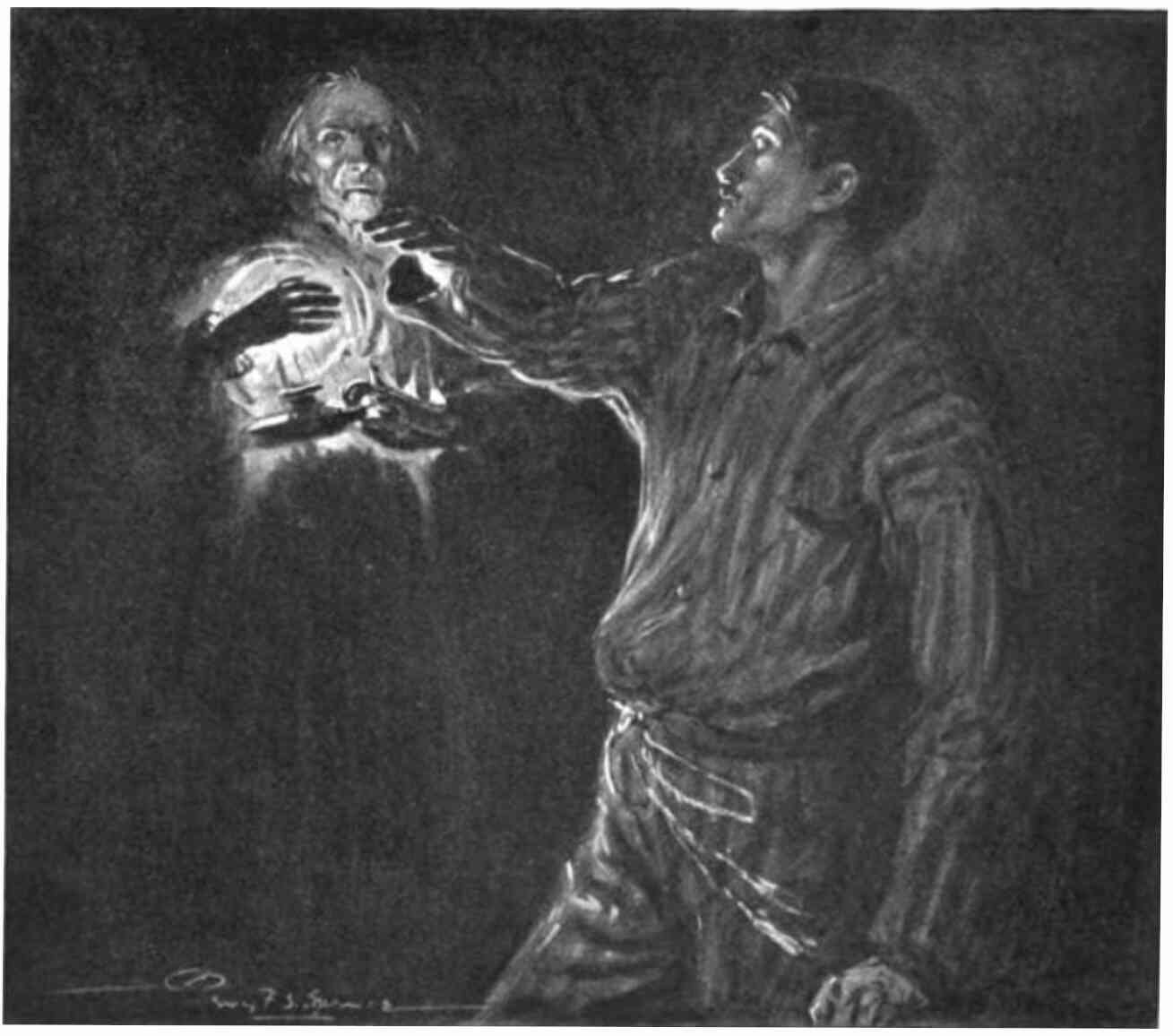 A man wearing pajamas (Jim Shorthouse) is seen before a woman (the landlady) who holds a candle.