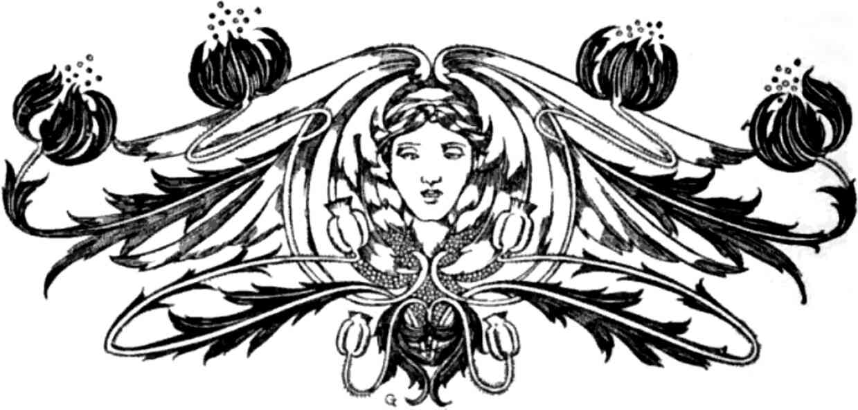 An ornamental tailpiece marking the end of a work; features a face, leaves, and blooms.